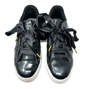 PUMA Basket black leather tennis shoes with black satin laces, size 9.5